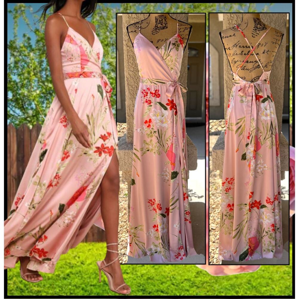 Lulus Belted Pink Floral Print Satin Still the One Maxi Dress Size XL